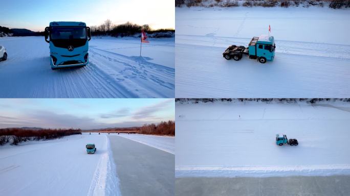 航拍汽车电车河面冰面大雪