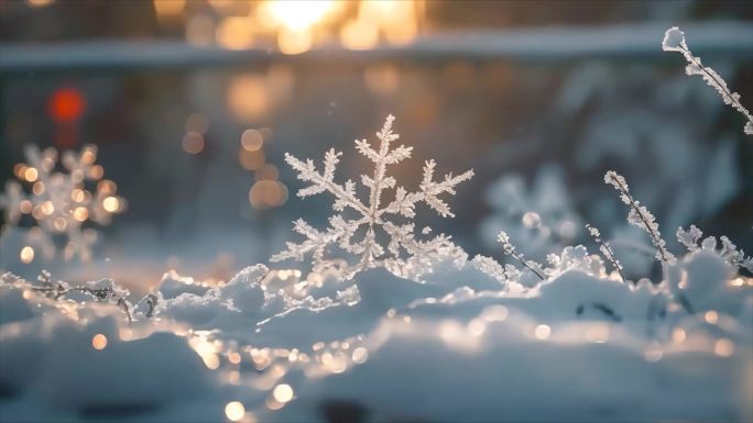 冬天雪花雪景下雪天冰晶雪花特写空镜头唯美