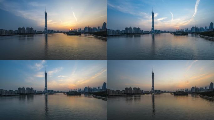 猎德大桥上看广州塔与珠江的日落延时