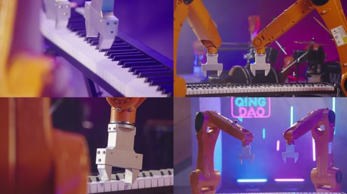 工业机械手臂机器人乐队弹钢琴