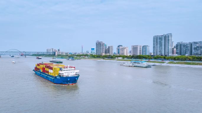 九江段繁忙的长江航运景观航拍延时
