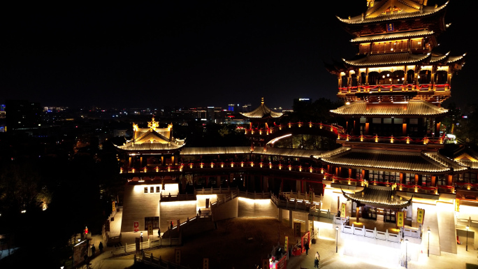 义乌城市地标鸡鸣阁夜景航拍