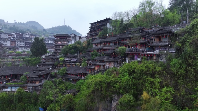 湘西芙蓉镇古镇雨后航拍