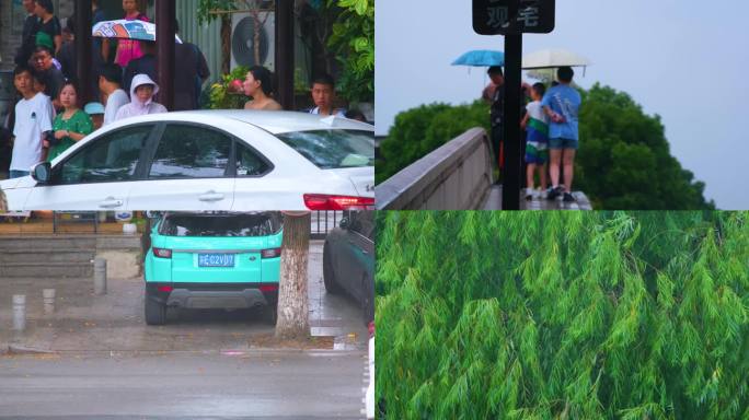 江苏苏州姑苏寒山寺江南水乡下雨季游客风景