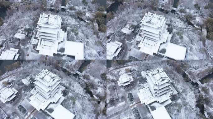 4K济南超然楼古建筑雪景航拍视频