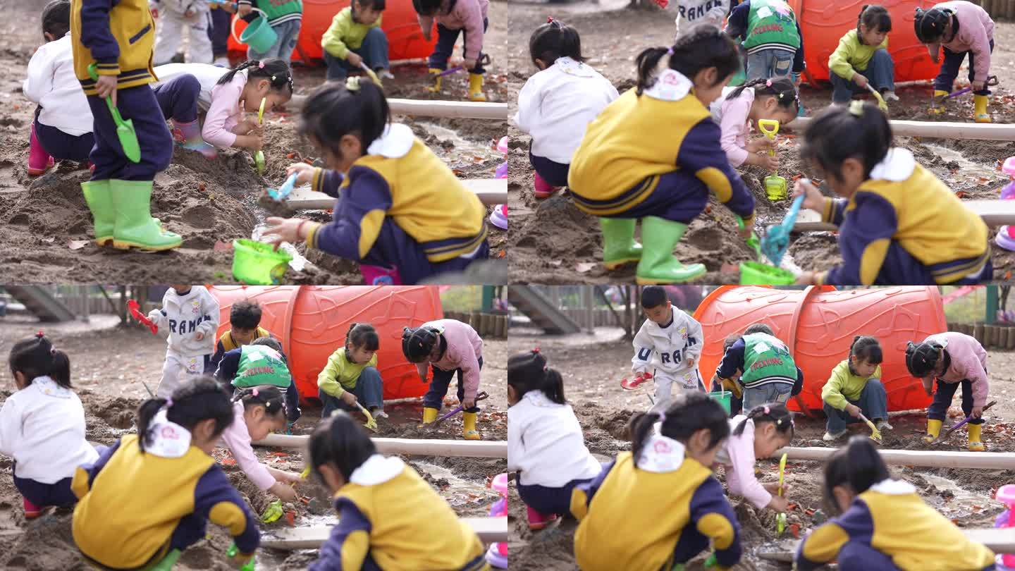 幼儿园小朋友室外运动玩水沙子沙滩实拍