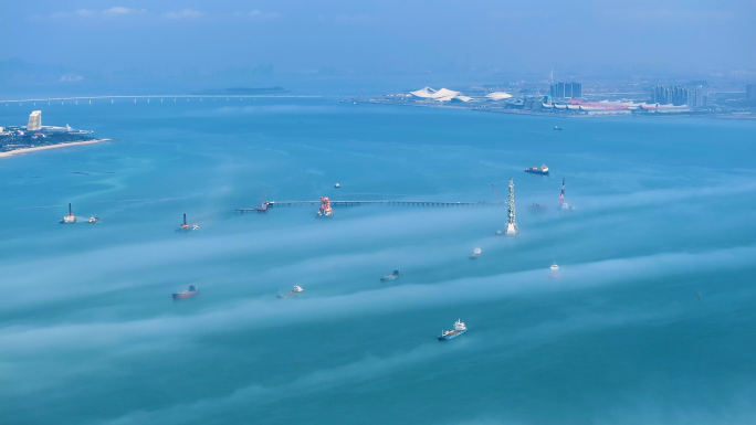 厦门第三东通道海面平流雾4K航拍