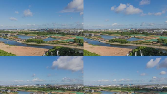 深圳机场和湿地公园建设延时摄影蓝天白云