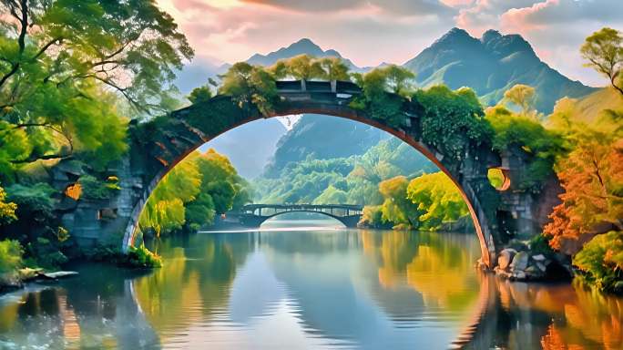 古桥溪水潺潺村落青石板路岁月桂林风光场景