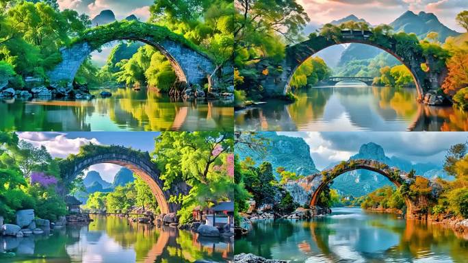 古桥溪水潺潺村落青石板路岁月桂林风光场景
