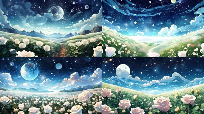 白色玫瑰花海星辰银河星空神秘唯美艺术
