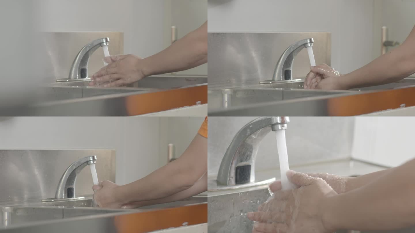 水龙头下洗手个人卫生防疫用水和肥皂泡沫