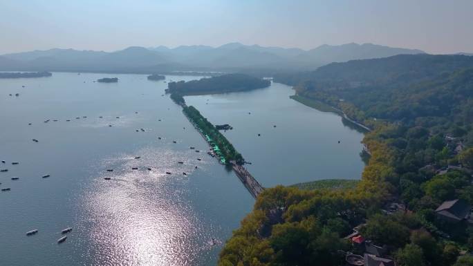 浙江杭州西湖景区断桥残雪风景风光航拍