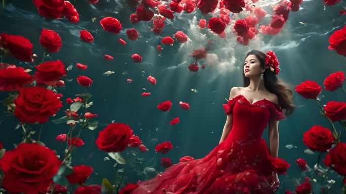 美丽 唯美 女人  玫瑰 水下