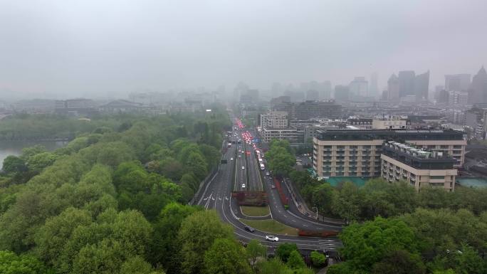 杭州西湖区城市街景阴雨天航拍