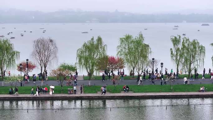 雨中西湖白堤航拍