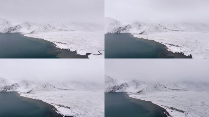 新疆喀拉库里湖喀湖下雪天航拍