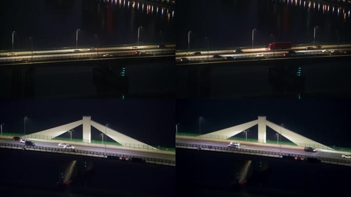 【4K】夜晚城市江面大桥车辆行驶远景