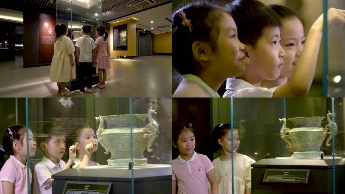 儿童参观博物馆文物