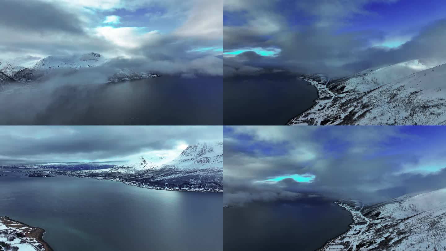 4K航拍北欧挪威特罗姆瑟冰湖雪景美景