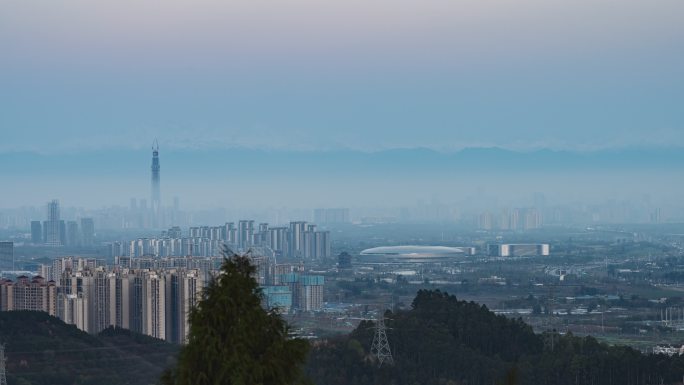 成都城市日出雪山日照金山延时摄影