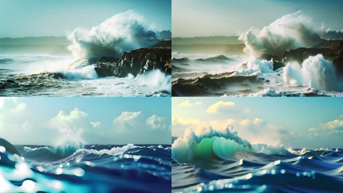 大海海洋巨浪撞击岩石