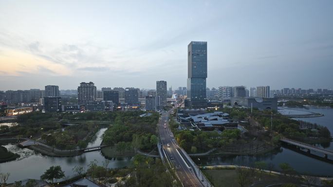 上海嘉定区嘉定新城建筑傍晚城市风光车流