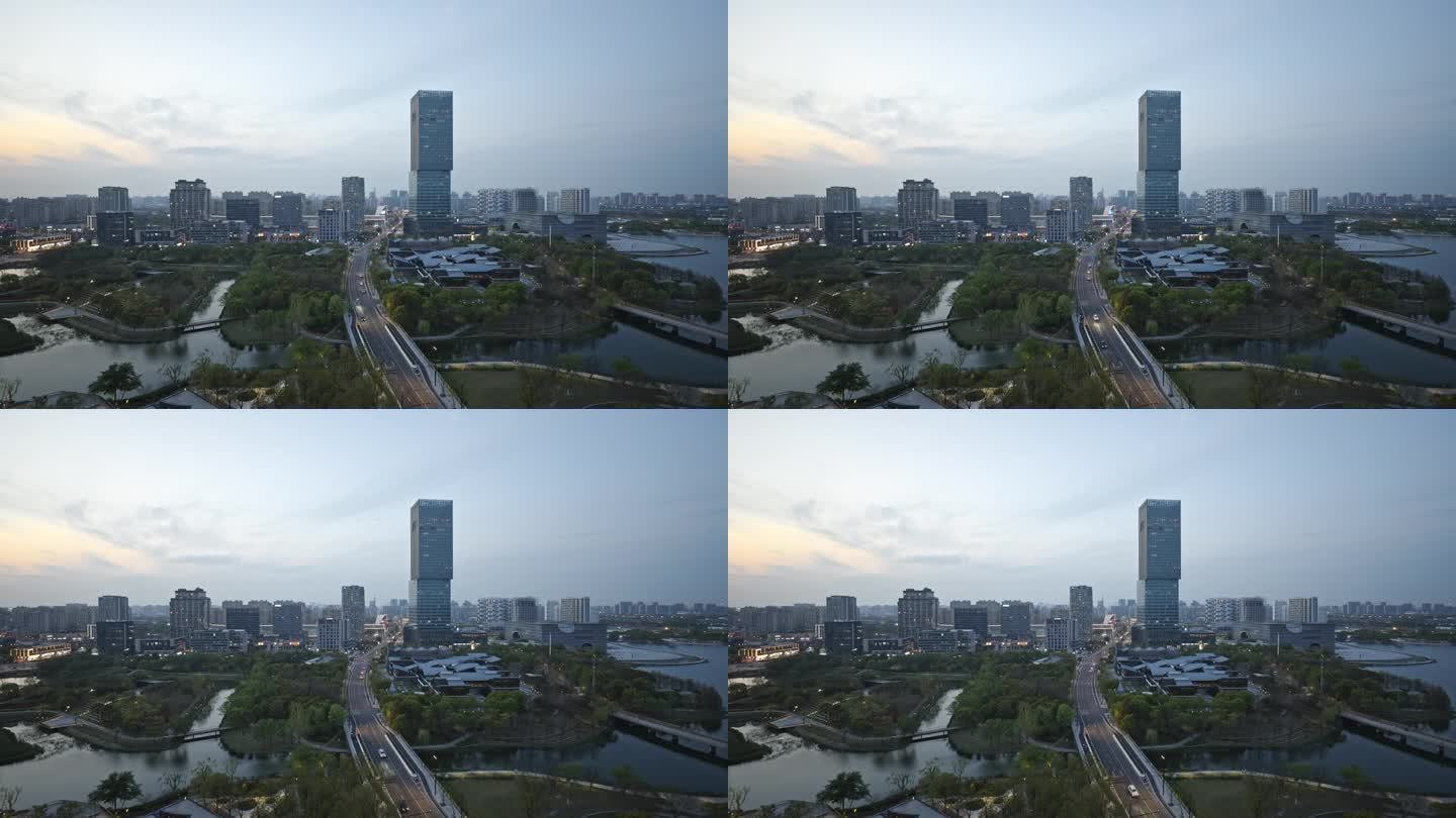上海嘉定区嘉定新城建筑傍晚城市风光车流