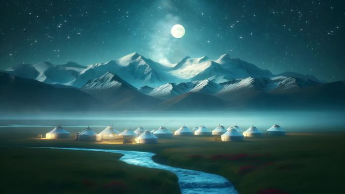 蒙古包 草原 雪山 星空 月亮