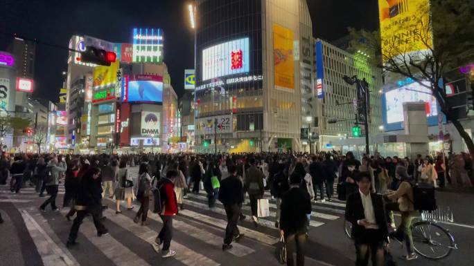 高清实拍日本东京涩谷十字路口人群