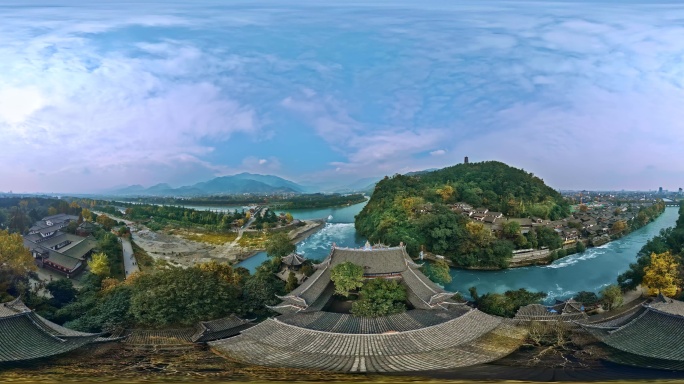 VR360全景四川成都都江堰河流风景航拍