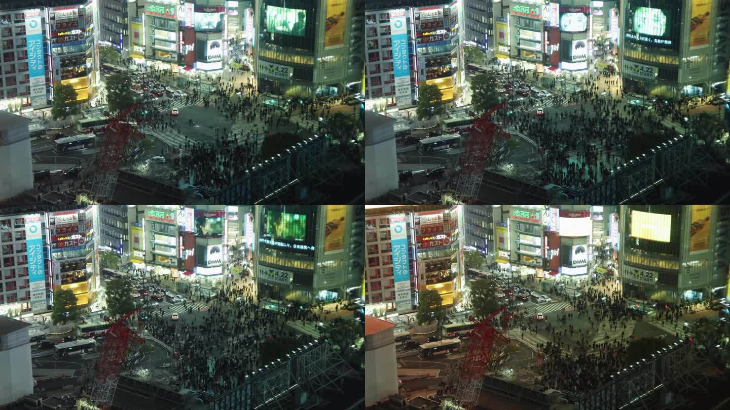 高清实拍日本东京涩谷十字路口人群