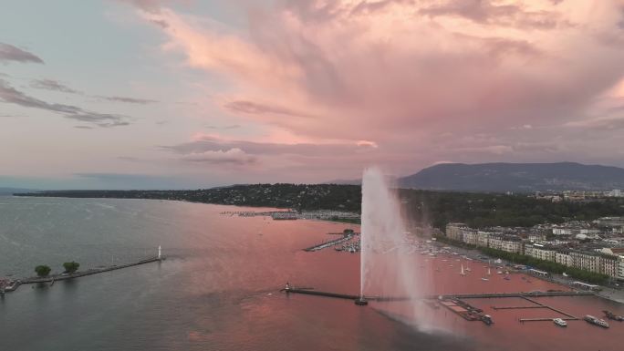 4K 航拍欧洲瑞士日内瓦大喷泉
