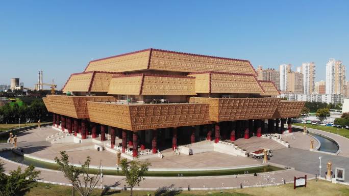 蓝天白云下中国文字博物馆高清航拍视频