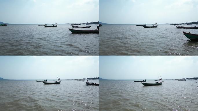 航拍东南亚柬埔寨贡布白马海上捕鱼渔船渔民
