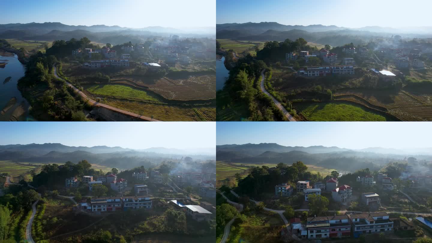 江西小山村农村日出清晨平流雾自然风光航拍