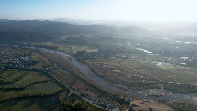 江西乡村小河农田自然风光清晨日出平流雾