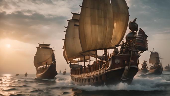 古代商船航行在大海上