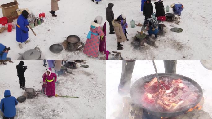 冬季草原牧民在雪地上架锅煮肉手把肉兴畜节