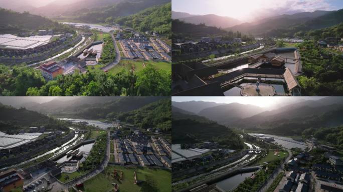 4k航拍蔬菜大棚乡村乡镇小镇农家乐河流