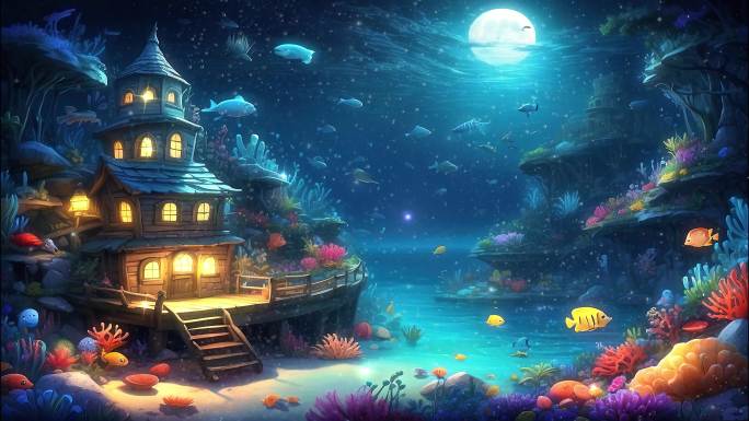 4K卡通油画唯美梦幻海底世界水下概念背景