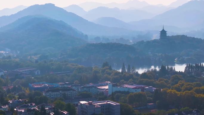 西湖雷峰塔景区大自然风光群山航拍杭州风景