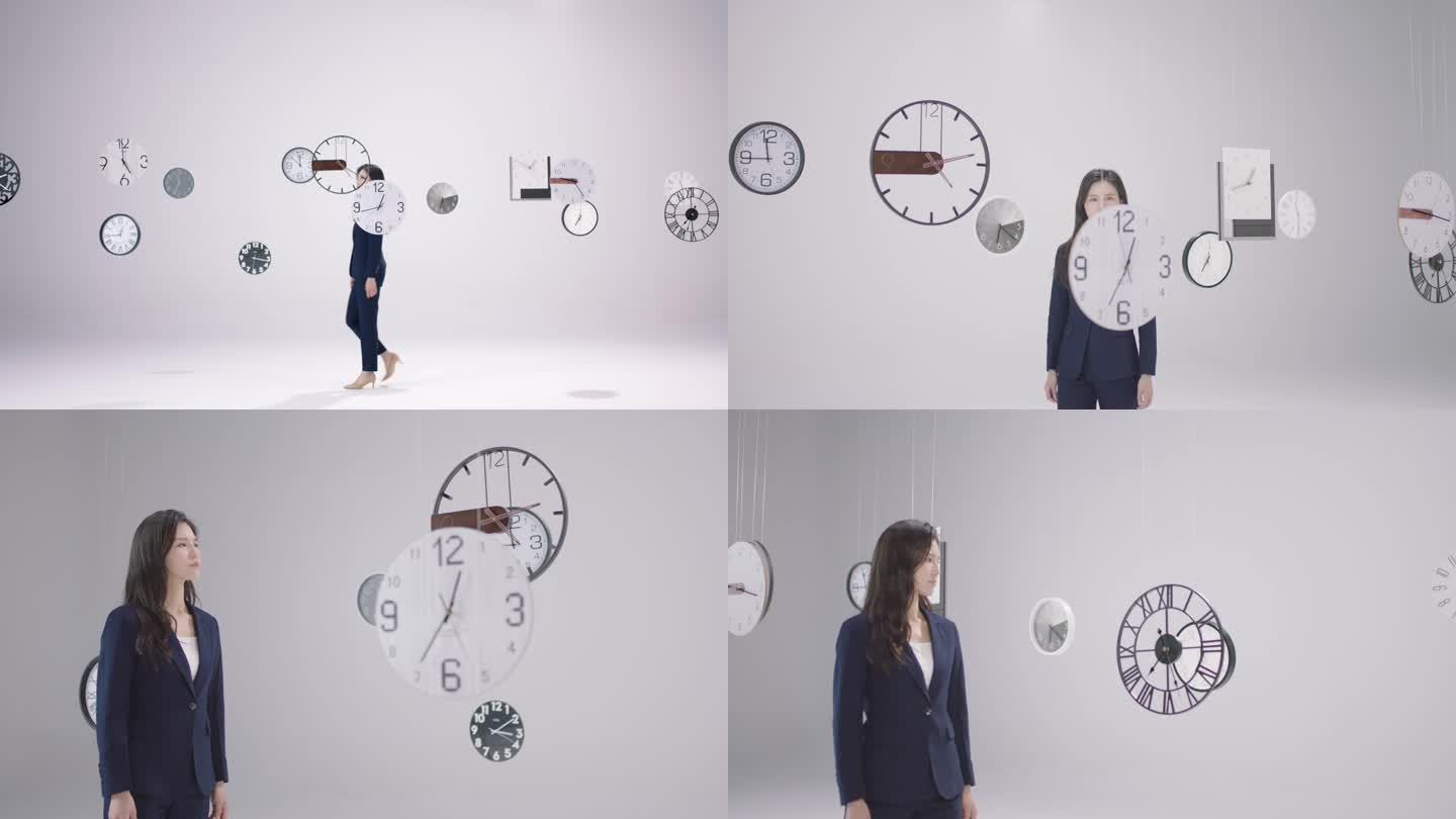 职场女性走在钟表前思考时间棚拍概念素材