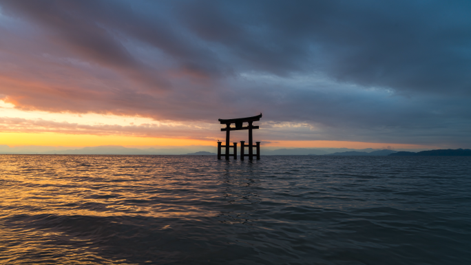 日本文化鸟居神社海面大海日落日出晚霞风云