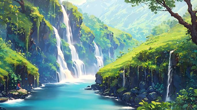 卡通动漫瀑布森林背景 高山流水动画背景