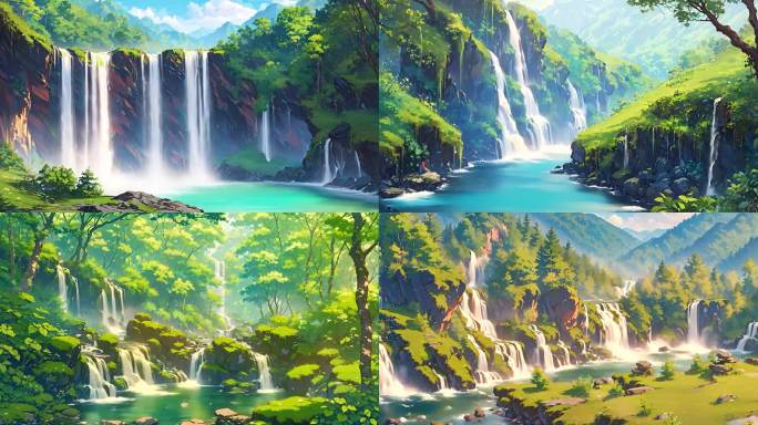 卡通动漫瀑布森林背景 高山流水动画背景