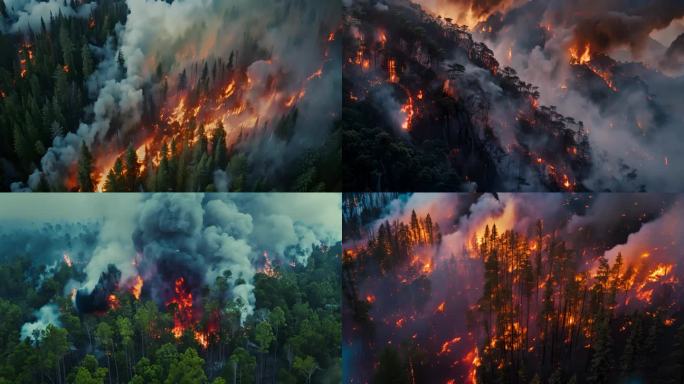 航拍森林火灾，山火事故消防安全