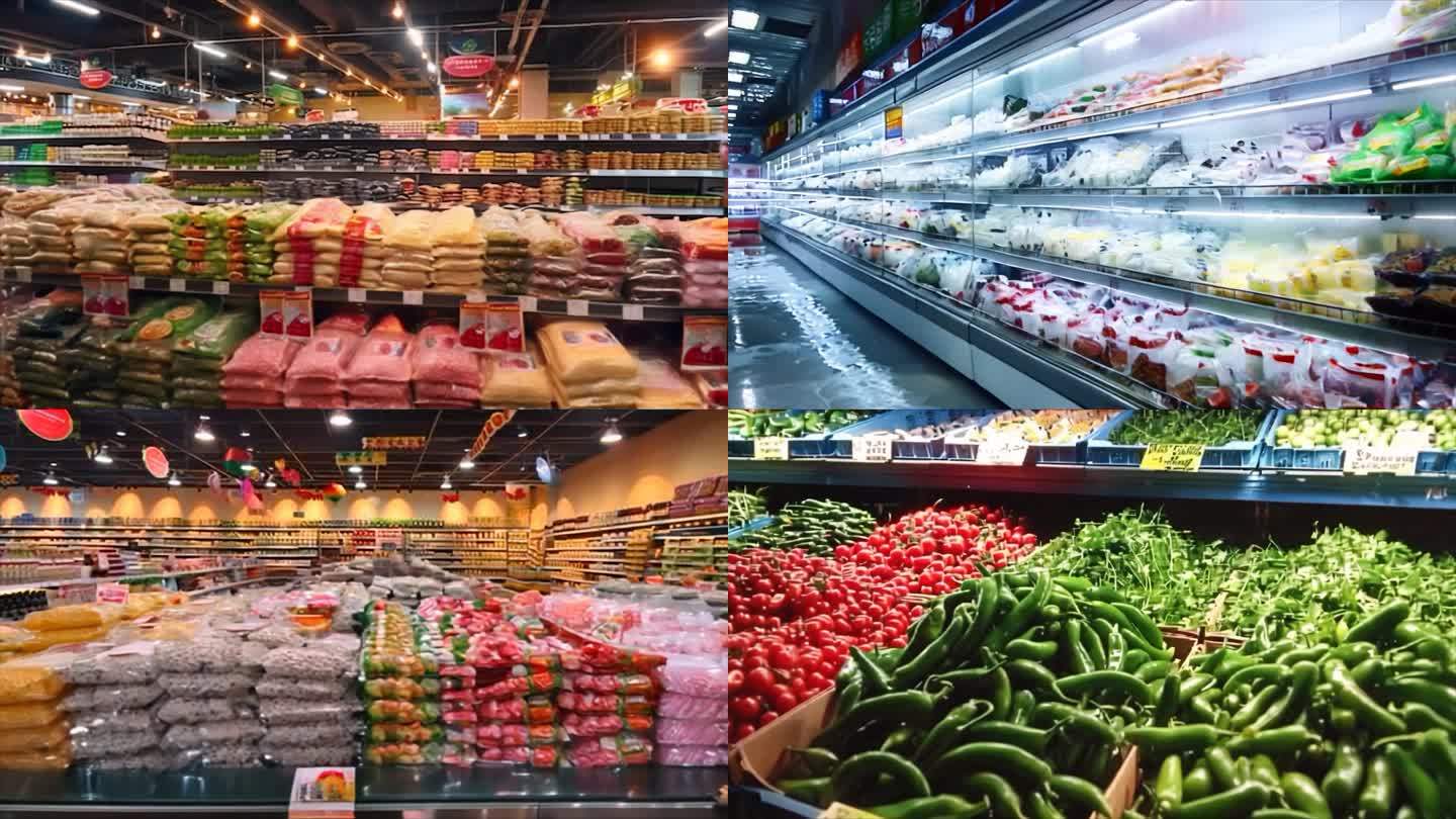 超市货架摆放的购物商品食品水果蔬菜素材空