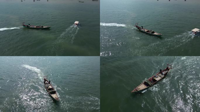 航拍东南亚柬埔寨贡布白马海上捕鱼渔船渔民