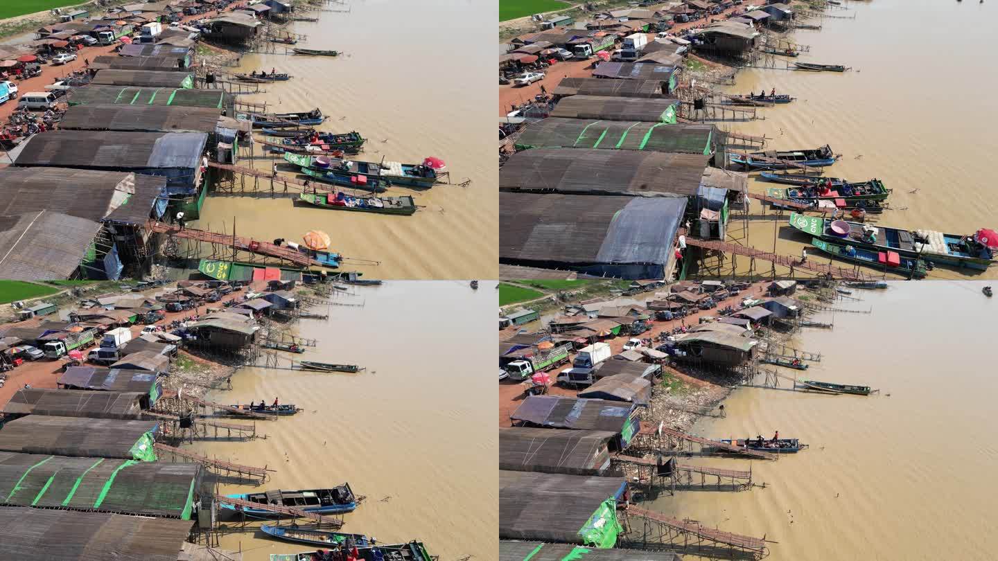 航拍东南亚柬埔寨暹粒码头萨里洞湖水上市场